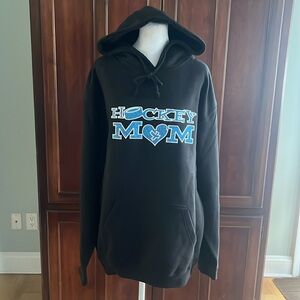 NWT Pennant Hockey Mom Black w/Blue Glitter Graphic Hoodie with Kangaroo Pocket.
